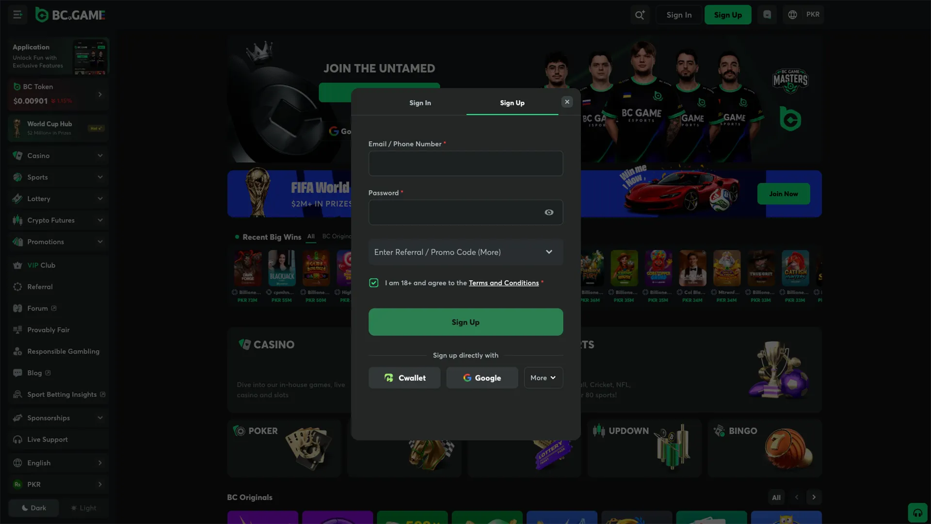 Registration form on the BC Game platform.