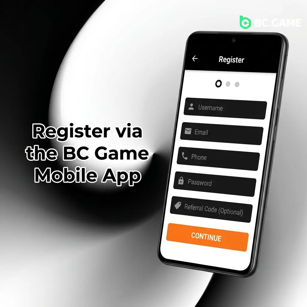 BC Game mobile app registration screen showing Sign Up options including phone, email, and social login methods